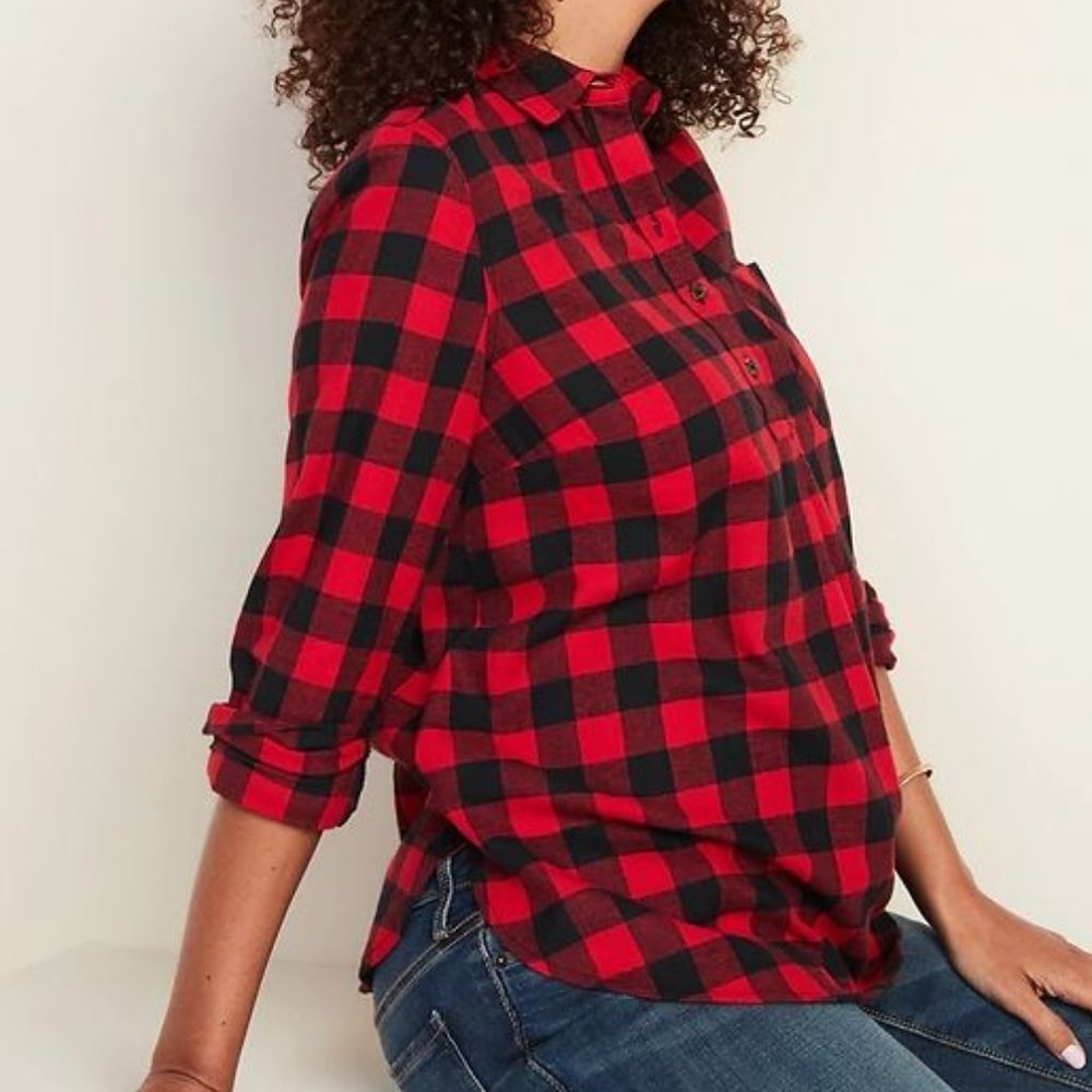 Maternity Plaid Flannel Popover Shirt Red Buffalo - Picture 5 of 6